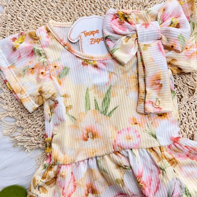 Conj. Blusa Anarruga Floral e Short em Linho - Amarelo